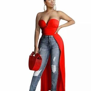 Hot hot hot. Red strapless duck tail top.